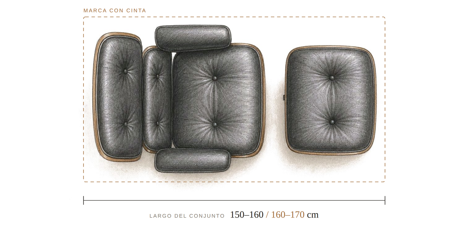 Vista cenital de la butaca con el reposapiés, con la franja de suelo que ocupa el conjunto: de 150 a 170 cm de largo