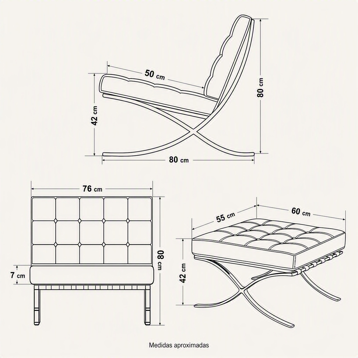 Esquema de medidas de la Barcelona Chair